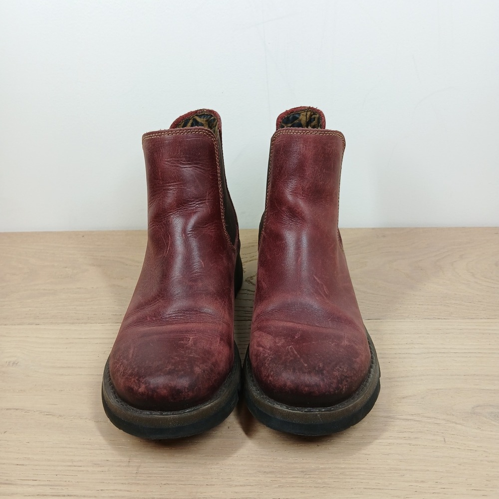Fly London Ankle Boots Women's 7-7.5 /38 Burgundy Rug Leather Chelsea Wedge - Picture 8 of 12